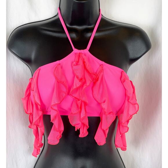 New Small Pink Ruffle Halter Crop Bralette Bikini Top Barbiecore Swim Suit Y2k‎ - Picture 1 of 5